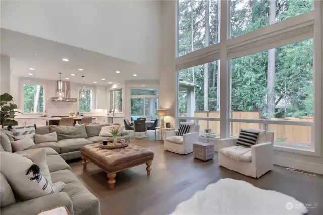 Family room with 2 story windows