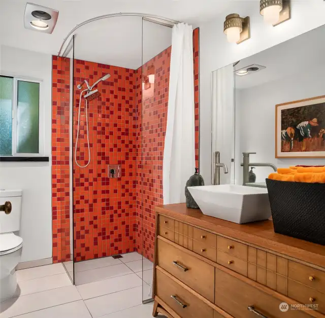 Main floor bathroom - orange tile mosaic from Facebook kitchen