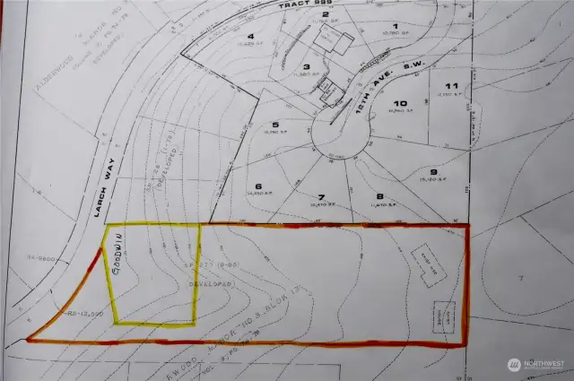 Shows Goodwin property boundaries in yellow.  Orange is neighboring property.  Lower 1.47 acre is available.