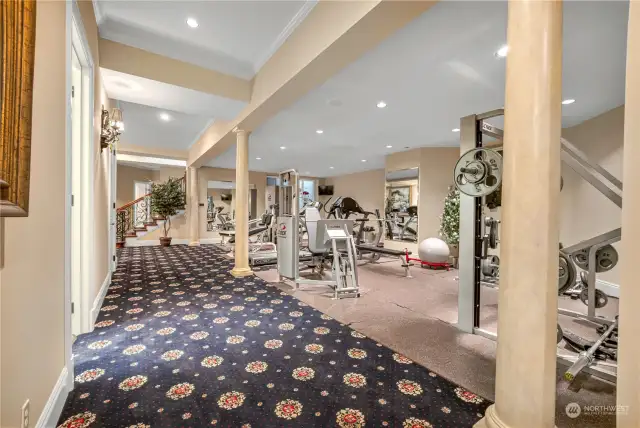 Wellness room and fitness center. Adjacent to Sauna and Bathroom w/ Walk-in Shower. Enjoy working out, be it Yoga/Pilates/Weights/Cardio, etc., all whilst keeping abreast of the news and markets.