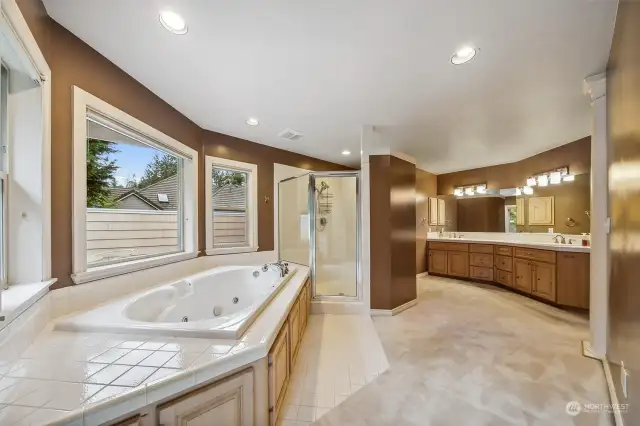 HUGE primary bathroom- jetted tub with a view of the private backyard, double vanity, walk-in shower & not visible in this photo is the walk-in closet.