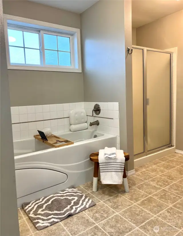 Jetted Soaking Bathtub and individual shower.