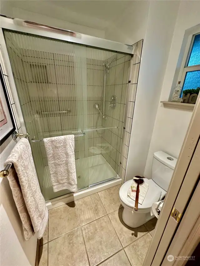 Close-up view of the primary shower and commode.