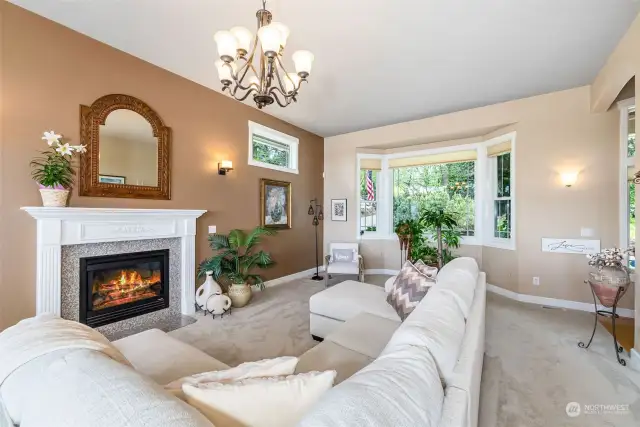 The living room features this beautiful gas fireplace, a bay window out to the front garden, and sweeping views of Puget Sound and the Seattle skyline.