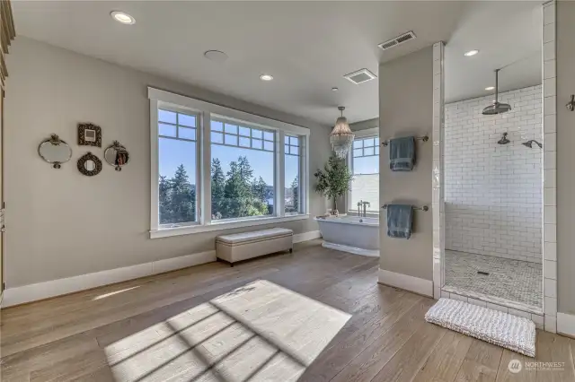 The primary bath is appointed as you would expect—A walk in shower with a view, cast iron soaking tub with that same view, and plenty of elbow room. Who needs to travel to a spa, when every day here is spa day. Of course the floors are heated for the cooler days.