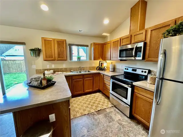 Ample kitchen with stainless appliances (all included), eating bar, lots of cabinets and view of the backyard from the kitchen sink.