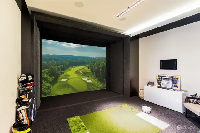 Virtual golf/home theatre space can be updated to accommodate additional virtual sports or reconfigured as a smaller home gym.