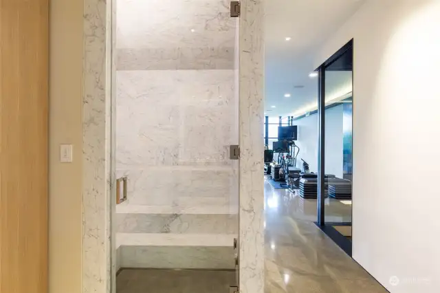 Lower level Carrera marble steam room off of the spa style bathroom.