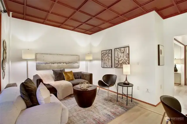 Living Room with Box Beam Ceiling