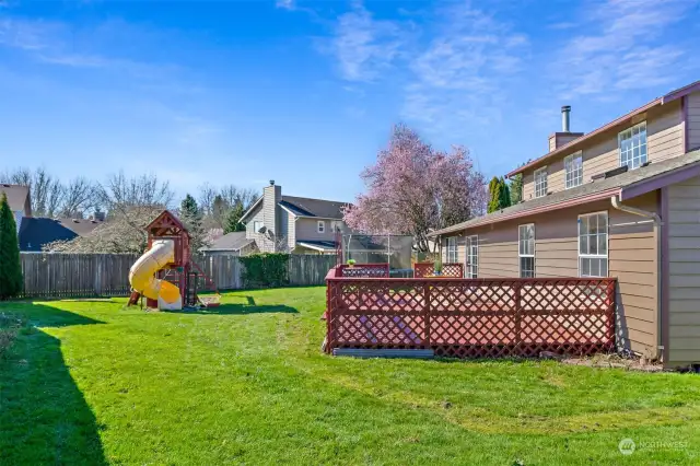 Lovely fenced green space, plus included children's play set & trampoline w/safety net.