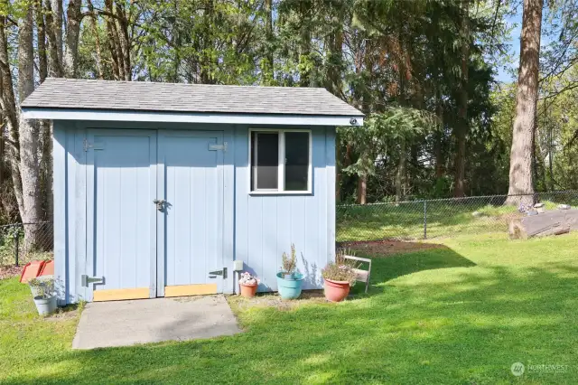 Storage shed for lawnmower and garden needs