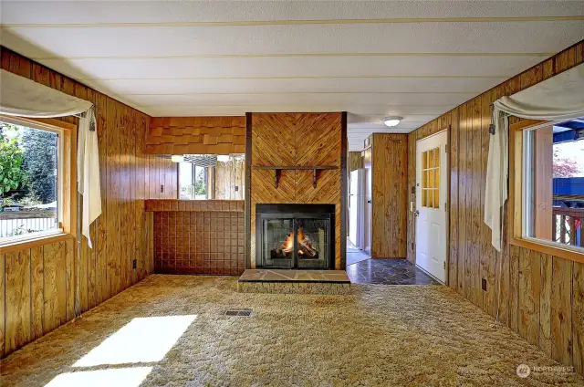 Living Room with real wood fireplace