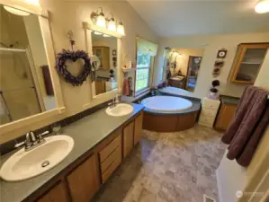 The well appointed and spacious primary bath with garden tub and separate shower.