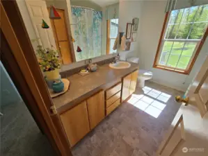 The guest bath is large, and bright as well.