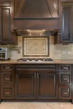 HIGH-END COMMERICAL GRADE STOVE AND CUSTOM CABINTRY W/STONE BACKSPLASH
