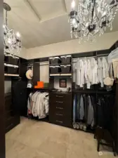CUSTOM LUXURIOUS MASTER WALK IN CLOSET W/CHANDILIERS & BUILT IN'S