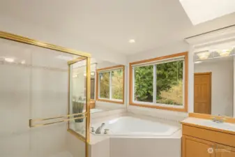 The Primary Bathroom is a true oasis with two sinks, a separate soaking tub, and a glass and tile shower. Great natural light from the window and two sky lights.