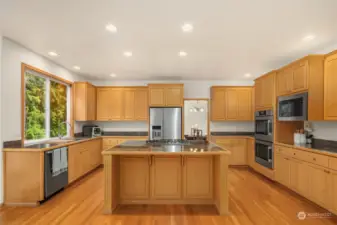 Spacious Open Kitchen featuring a large center island, stainless-steel appliances, and a convenient  walk-in pantry.
