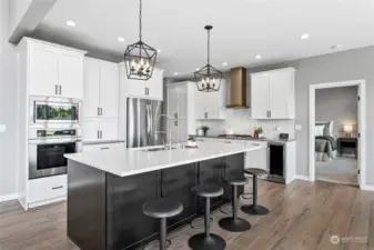 Beautiful kitchen with high-end appliance, smart layout, and quartz countertops.