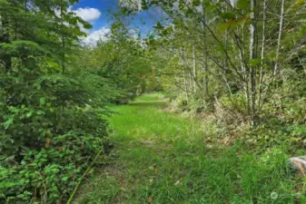 Nature walk on property to garden, open spaces, exploring, and trails.