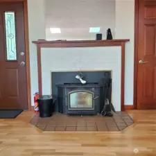 Fireplace with insert, wood bin to right and entry door to left.