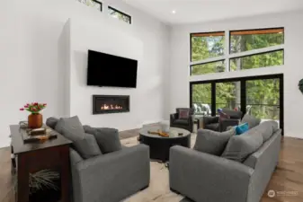 Propane fireplace with blower provides warmth and ambiance.