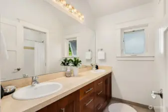 Large 2nd level hall bath features double sinks + a separate shower / bath WC.