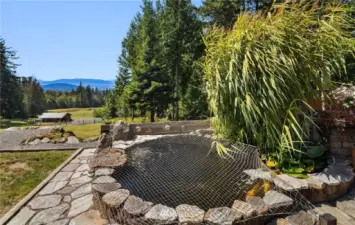 Extra deep koi pond near the covered outdoor living space & fire pit overlooking the pastures & Puget Sound.