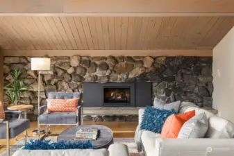 The basalt fireplace anchors the living room and enhances the vibrant Mid Century vibe.