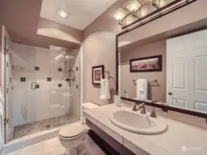 Lower level 3/4 bath with tiled shower