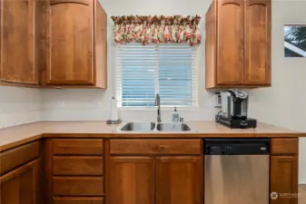 Stainless steel double sink complemented by a sleek gooseneck faucet w/release & spray functions & SS dishwasher, positioned beneath a window, offering natural light while you tackle kitchen tasks with ease.