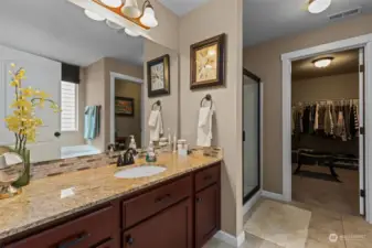 primary bedroom vanity, includes soaking tub, 3/4 shower, and full walk in closet