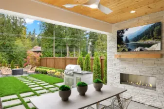 Covered patio with ceiling fan, TV and fireplace provide year round enjoyment, along with built in outdoor grill