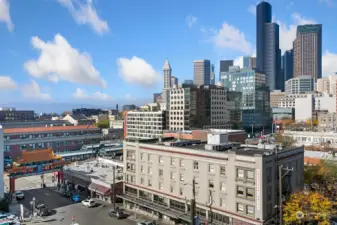 View overlooking the Archway, King Street Station, Puget Sound and Downtown Skyline.