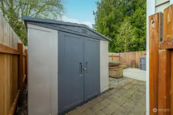 The small storage shed in the back patio is included in the sale. With three raised garden beds, there is just enough space for the budding gardener to explore their green thumb. Pavers, poured concrete and drain rock make for low maintenance landscaping. The back patio is fully fenced in.
