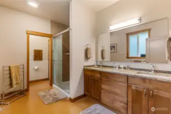 Master bath has dual sinks, walk in tile 3 x 5 shower,