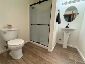 Downstairs bathroom with pedestal sink