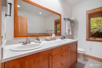 Dual sink vanity in the primary bathroom.