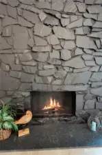 Amazing Stone Fireplace w/Solid Marble Slab hearth