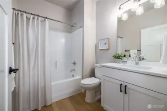 Main bath w/tub/shower combo, taller counters and toilet and quartz countertops.