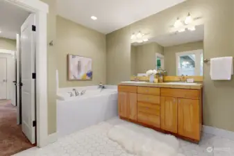 The large soaking tub offers a luxurious and relaxing experience, perfect for unwinding after a long day.