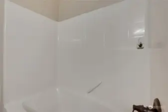 Primary Bath: Tub/Shower Fiberglass Surround. Super easy clean up!