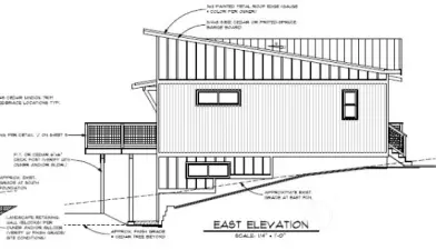 East Elevation from sellers' plans. Requires height variance. Inquire with Shelter Bay Office for variance process - 360.466.3805.