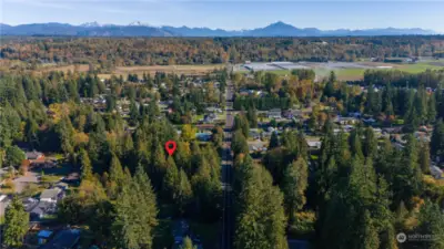 Drone shot of the area facing East to the Cascade Mountains.