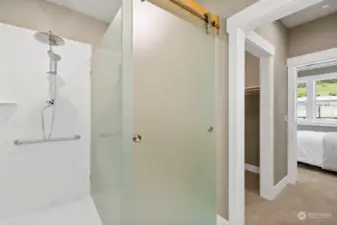 Unique glass barn door is cleverly used to close the toilet or the 6' deep roll-in Corian shower. Note the beam above and Grohe rain shower. Plus handheld and grab bars.