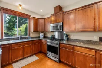 Stainless Steel appliances and sink, gas stovetop, granite counters and lots of cabinets and drawers.
