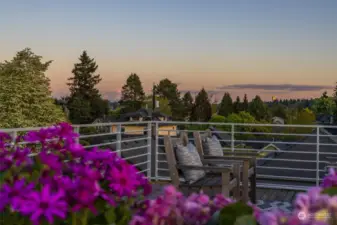 Roof top deck with views of Rainier on a lucky day