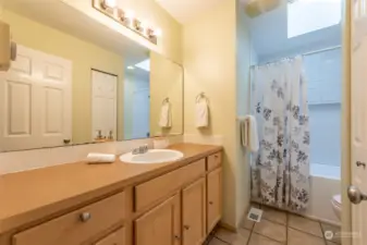 The hall bath has a long cabinet for plenty of counter space and storage.
