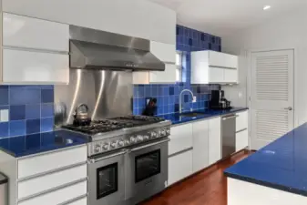 Chef's kitchen with top end stainless appliances.