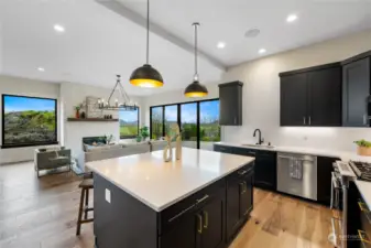 Dream kitchen with beautiful black cabinets, white quartz counters, stainless appliances and huge island!!